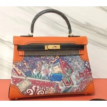 Hermes Kelly 32 Bag in Print Leather in Print Leather Orange/Black/Suede Coffee