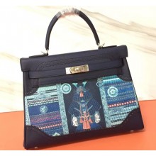 Hermes Kelly 32 Bag in Print Leather Black/Suede