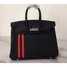 Hermes red Striped Birkin 25 Bag in original togo Leather black