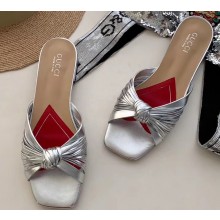 Gucci Front Knot Leather Slide Sandals 577231 Metallic Silver 2019