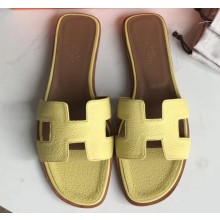 Hermes Oran Flat Slipper Sandals in Togo Leather Light Yellow/Coffee