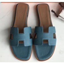 Hermes Oran Flat Slipper Sandals in Togo Leather Denim Blue