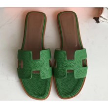 Hermes Oran Flat Slipper Sandals in Togo Leather Bamboo Green