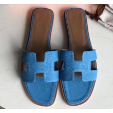 Hermes Oran Flat Slipper Sandals in Togo Leather Light Blue
