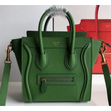 Celine Nano Luggage Bag in Original Drummed Calfskin Green with Removable Shoulder Strap