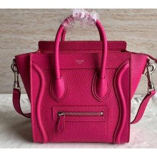Celine Nano Luggage Bag in Original Drummed Calfskin Fuchsia with Removable Shoulder Strap