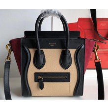 Celine Nano Luggage Bag in Original Black/Drummed Beige/Suede Dark Red with Removable Shoulder Strap