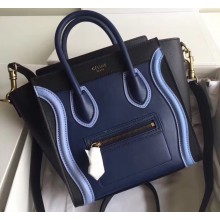 Celine Nano Luggage Bag in Original Smooth Calfskin Black/Navy Blue/Sky Blue with Removable Shoulder Strap