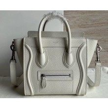 Celine Nano Luggage Bag in Original Drummed Calfskin White with Removable Shoulder Strap