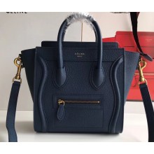 Celine Nano Luggage Bag in Original Drummed Calfskin Royal Blue/Gold with Removable Shoulder Strap