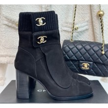 CHANEL heel 8cm black suede leather knit boots 2023