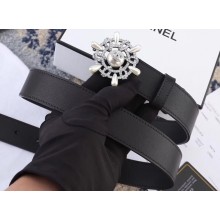 Chanel Width 3cm Crystal and Pearl Flower Buckle Leather Belt Black