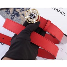 Chanel Width 3cm Crystal Square Buckle Leather Belt Red