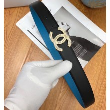 Chanel Width 3cm Crystal CC Logo Buckle Leather Belt Black/Blue