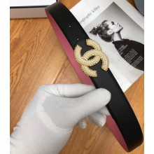 Chanel Width 3cm Crystal CC Logo Buckle Leather Belt Black/Pink
