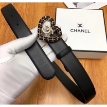 Chanel Width 3cm Chain Heart CC Logo Buckle Leather Belt Black