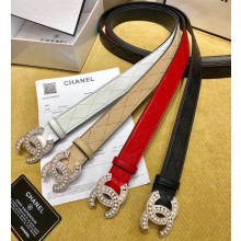 Chanel Width 3cm Pearl CC Logo Silver Buckle Quilting Leather Belt