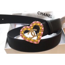 Chanel Width 3cm Chain Heart CC Logo Buckle Leather Belt Black/Pink/Yellow