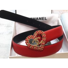 Chanel Width 3cm Chain Heart CC Logo Buckle Leather Belt Red