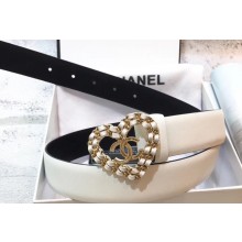Chanel Width 3cm Chain Heart CC Logo Buckle Leather Belt White