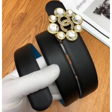 Chanel Width 3cm Crystal and CC Logo Buckle Leather Belt Black/Gold
