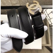 Chanel Width 3cm Crystal CC Logo Buckle Leather Belt Grained Black/Gold
