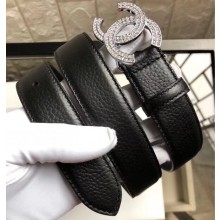 Chanel Width 3cm Crystal CC Logo Buckle Leather Belt Grained Black/Silver