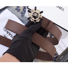 Chanel Width 3cm Crystal and Pearl Flower Buckle Leather Belt Coffee