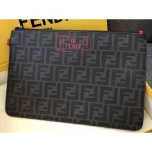 Fendi FF Logo Fabric Zippered Pochette Pouch Bag Black/Red Piping 2019