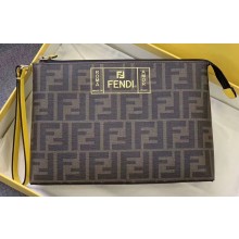 Fendi FF Logo Fabric Medium Slim Pouch Bag Brown/Yellow Piping 2019