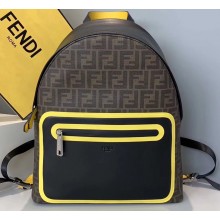 Fendi FF Logo Fabric Large Lackpack Bag with Front Pocket Brown/Yellow Piping 2019