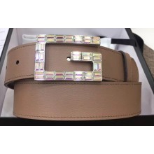 Gucci Width 3.5cm Leather Belt Nude with Crystals Square G Buckle
