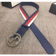 Gucci Width 4cm Sylvie Web and Leather Belt Blue with Interlocking G Buckle