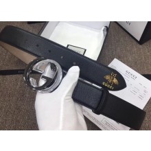 Gucci Width 4cm Leather Belt with Black/Silver Interlocking G Buckle