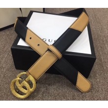 Gucci Width 3cm Diagonal Leather Belt Black/Beige with Textured Double G Buckle