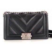 Chanel Embossed Chevron Medium Boy Flap Bag Black 2019