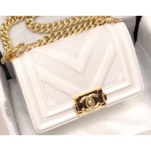 Chanel Embossed Chevron Small Boy Flap Bag White 2019