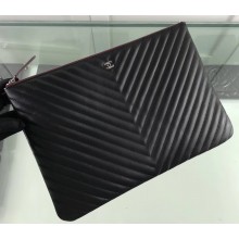 Chanel Classic Pouch Clutch Large Bag A82552 Chevron Lambskin Black/Silver