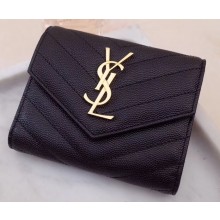 Saint Laurent Monogram Compact Tri Fold Wallet in Grained Embossed Leather 403943 Black/Gold