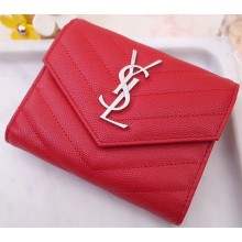 Saint Laurent Monogram Compact Tri Fold Wallet in Grained Embossed Leather 403943 Red/Silver