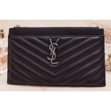 Saint Laurent Monogram Bill Pouch Bag in Grained Embossed Leather 504922 Black/Silver