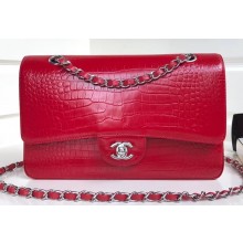 Chanel Croco Pattern Classic Flap Medium Bag Red