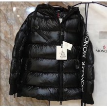 Moncler White Logo Sleeve Hoodie Down Jacket Black For Women/Men 2019