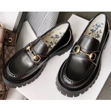 Gucci Heel 5.5cm Leather Lug Sole Loafers with Horsebit 577236 Black 2019