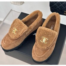 Chanel platform loafers in suede leather with shearling brown 1105-2024