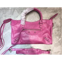 Balenciaga Classic City Medium Bag with Logo Strap Fuchsia