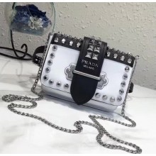 Prada Cahier Studded Calf Leather Bag 1BL004 Black/White 2018