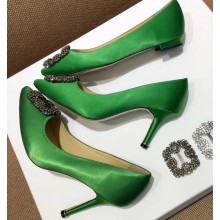 Manolo Blahnik Hangisi Satin Jewel Buckle Flats/Pumps Green