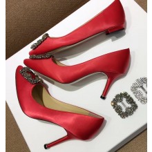 Manolo Blahnik Hangisi Satin Jewel Buckle Flats/Pumps Red