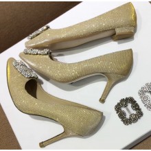 Manolo Blahnik Hangisi Glitter Fabric Jewel Buckle Flats/Pumps Gold